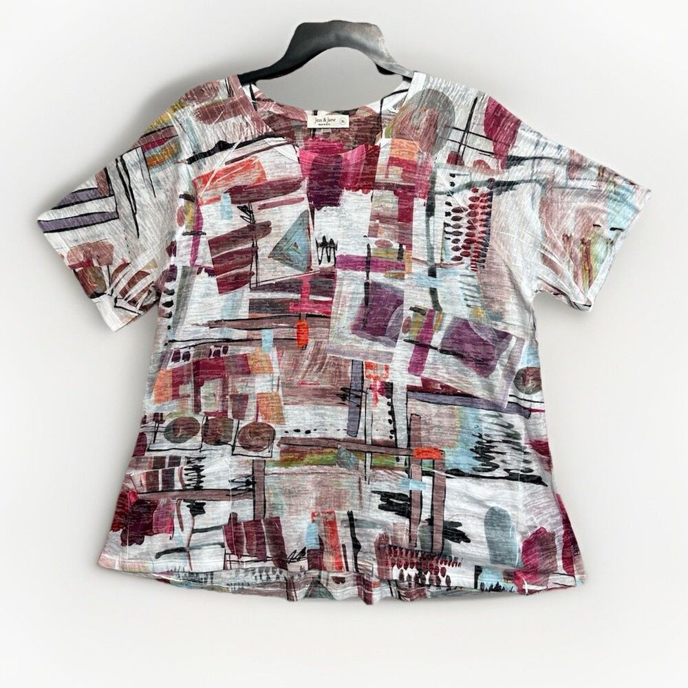 Jess & Jane Top Abstract Pullover Women's XL Short Raglan Sleeve Burn Out